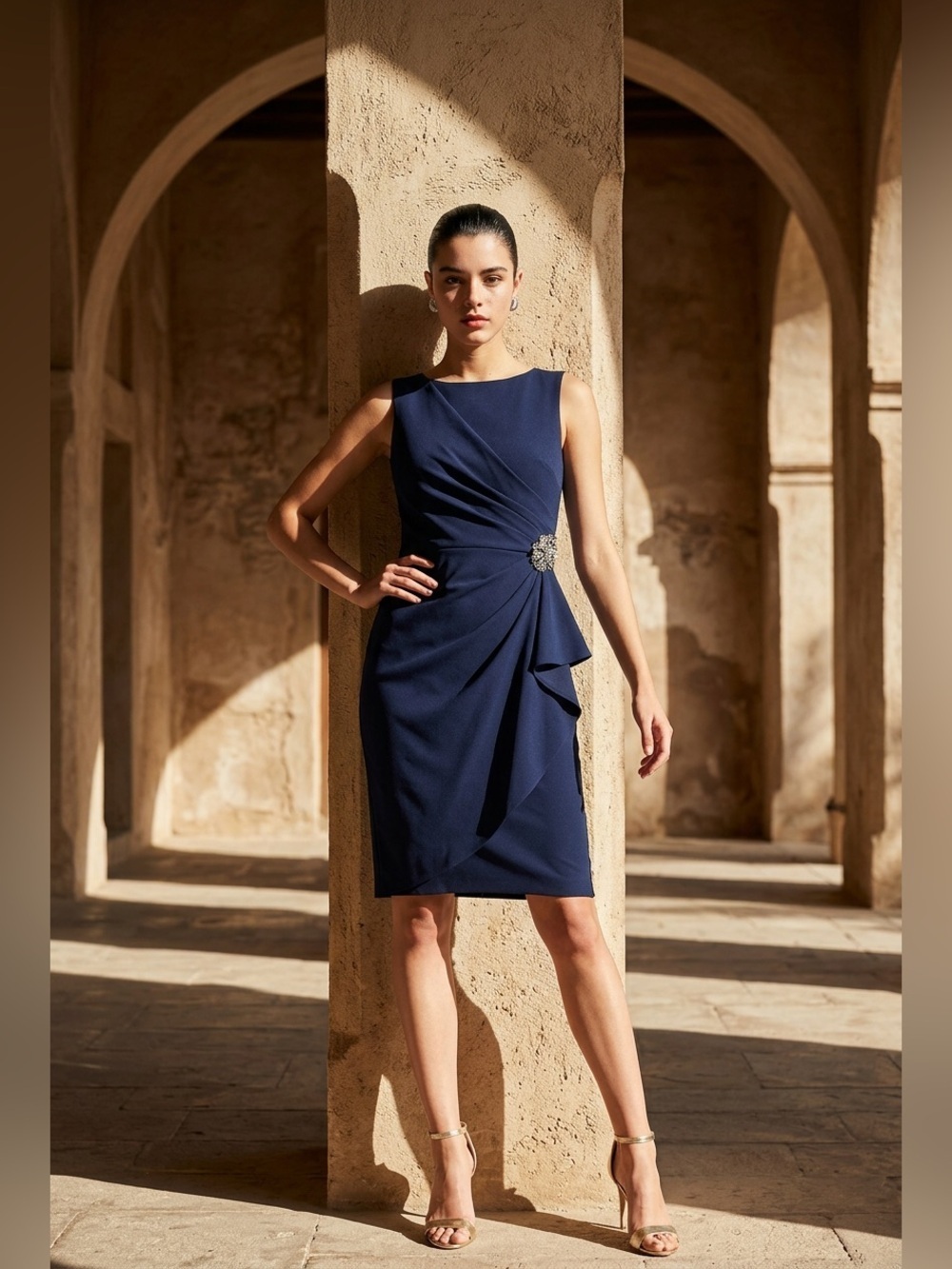 Alex Evenings Petite Size 16 Navy Ruched Faux Wrap Sheath Dress